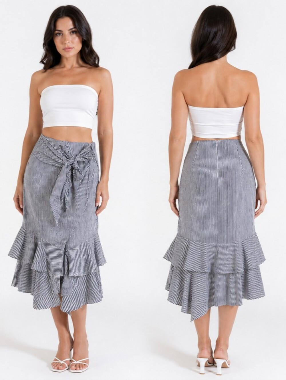 Nwt Aqua Bloomingdales Navy & White Striped Ruffle ⅓ Wrap Skirt Bow Tie Waist